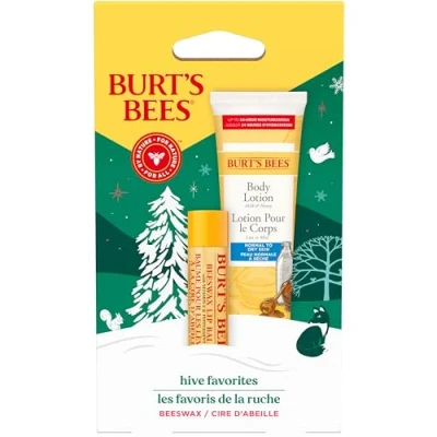 Image of Burt&#039;s Bees Gift Set for Lip &amp; Body, Beeswax Balm Mini Milk Honey Body Lotion, Hive Favorite Limited Edition
