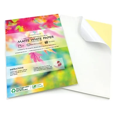 Image of Evergreen Goods 50 Sheet A4 Matte Sticker Paper White Self Adhesive, Inkjet/Laser Printable, DIY Stickers, Arts &amp; Crafts, Plotter Compatible, Strong Back.