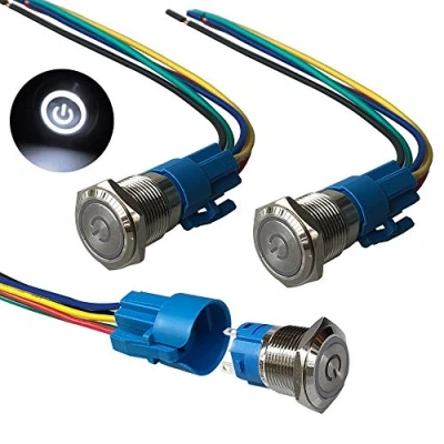 Image of QitinDasen 3Pcs Premium 12V/24V 5A Self locking Latching Push Button Switch, 19mm Car Ignition Starter White LED Light Stainless Steel IP67 Waterproof Switch with Socket Plug Wire