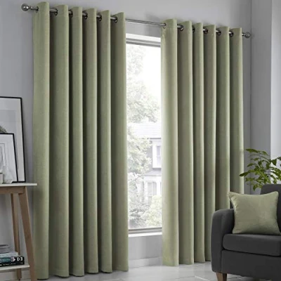 Image of Fusion Green Curtains W66 x L90&quot; (168 229cm) 2x Panels Eyelet in Sage Thermal for Bedroom/Living Room &amp; Drapes Door Strata Collection