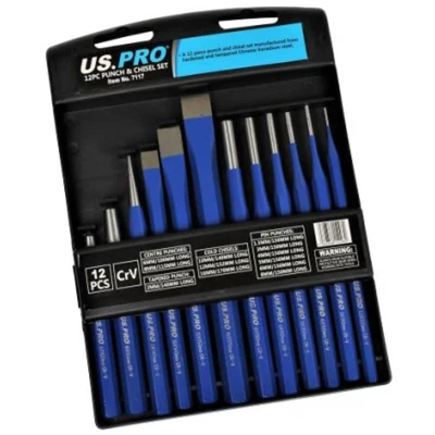 Image of US PRO Tools 12pc Punch &amp; Chisel Set Centre Long Tapered Punches Cold Chisels 7117