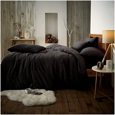 Image of GC GAVENO CAVAILIA Teddy Duvet Cover Double Fleece Bedding Set with Pillowcases Black