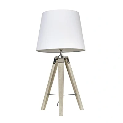 Image of MiniSun Modern Distressed Wood and Silver Chrome Tripod Table Lamp with a White Tapered Light Shade