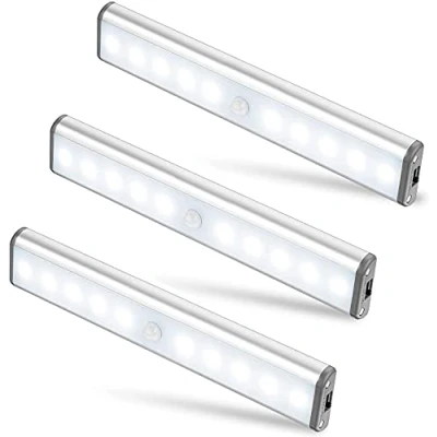Image of Moston 3 Pack Upgraded USB Rechargeable 10 LED Magnetic Motion Sensor Night Light,Dusk to Dawn Photocell,Auto On/Off.Portable,Cordless,Stick on Anywhere for Cabinet,Closet,Wardrobe(Silver)