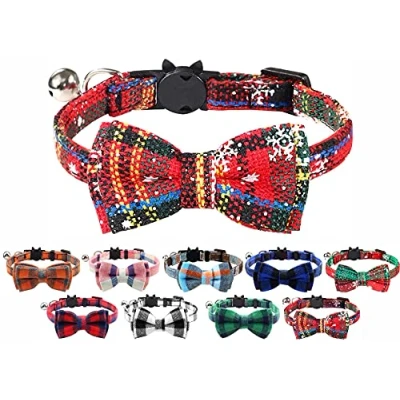 Image of Cat Collar with Bell and Bow Tie, Quick Release Safety Buckle Collars for Kitten Cats, Soft Tartan Design (Christmas Red)