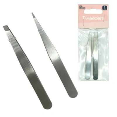 Image of DEEPMARK 2 Pcs Tweezers, Eyebrow Eyelash Stainless Steel Straight and Pointed Tip Ingrown Hair Facial Remover, for Craft, Makeup Tools, Silver