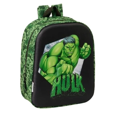 Image of Safta HULK 3D Nursery Backpack, Adaptable to Cart, Easy Cleaning, Ideal for Children of Different Ages, Comfortable and Versatile, Quality Resistance, 22 x 10 27 cm, Black/Green, Black /,