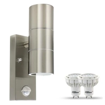 Image of HiBay Motion Sensor Outside Wall Lights Mains Powered PIR Up Down Lamp Stainless Steel Waterproof Garden Security + 7W LED Bulbs Cool White