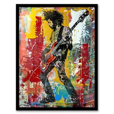 Image of Artery8 Colourful Bassist Rocker Portrait Street Art Living Room Artwork Framed Wall Print 18X24 Inch