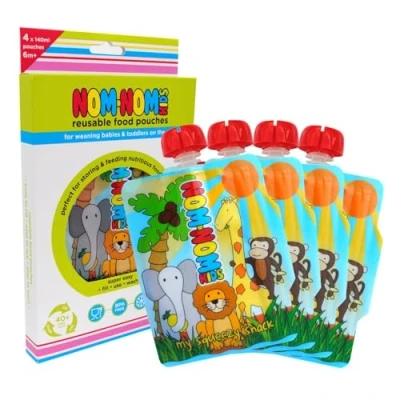 Image of Nom Kids 4 x Reusable Food Pouches 140ml Baby for weaning Yoghurt BPA Free Side Fill UK Designed
