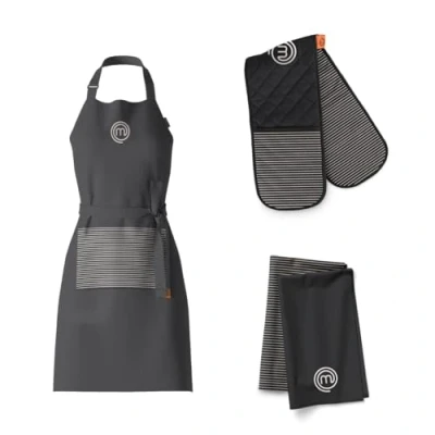 Image of MasterChef Cotton Textiles Kitchen Gift Set, Includes Chef Apron, Double Oven Glove &amp; Pack of 2 Tea Towels, All Items Feature Official Show Logo, Fully Machine Washable, Unisex, Elite Collection