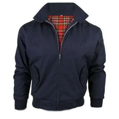 Image of [Navy, Medium] Mens Casual Classic Retro Check Lined Harrington Bomber Jacket 3 Colours S 3XL