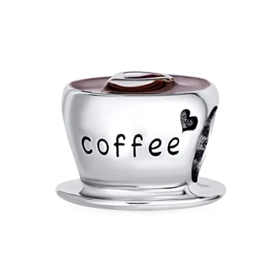 Image of Word Coffee Art Red CZ Heart Cup Charm Bead For Women Teen .925 Sterling Silver Fits European Bracelet