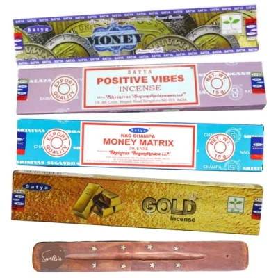 Image of Satya Nag Champa incense Sticks 4 unique and premium flavours Gold, Money, Positive Vibes, Money Matrix comes with SAMASIA holder