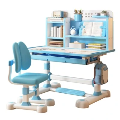 Image of Qiebenav Premium Kids Study Desk Chair Set, Height Adjustable Children School Table Ergonomic with Large Writing Board, Bookshelf and Drawer Blue Tilt Correction
