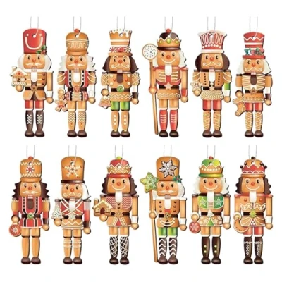 Image of Pack of 12 Christmas Nutcracker Wooden Pendants Soldier Ornaments Tree Decorations
