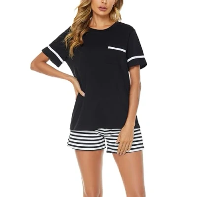 Image of Reliwel Women&#039;s Pyjama Sets Short Sleeve Cotton Pjs Round Neck Ladies Pyjamas for Women two Pieces Top and Striped Shorts Comfy Sleepwear Loungewear With Pockets S Xxl
