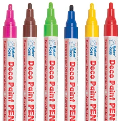 Image of Baker Ross AT490 Deco Paint Pens Pack of 6, Broad Tipped, Oil Based Acrylic Markers for Kids Arts and Crafts Wood, Porcelain, Glass, Plastic Metal Painting Activities, Red
