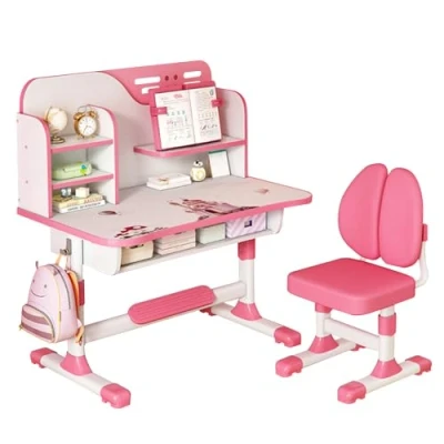 Image of Calager Kids Desk and Chair Set,Height Adjustable Children Study Chair,School Student Writing Table with Drawer Bookstand,Ergonomic Learning for Girl Boy Pink B