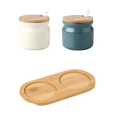 Image of OnePine Set of 2 Sugar Bowl, 300ml Ceramic Spice jar Seasoning Box Condiment Pots Salt with Lid and Spoon for Kitchen
