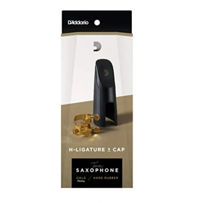 Image of Rico HTS1G Gold Plated H Ligature and Cap for Tenor Sax with Hard Rubber Mouthpiece, 1.43 in*3.94 in*0.93 in