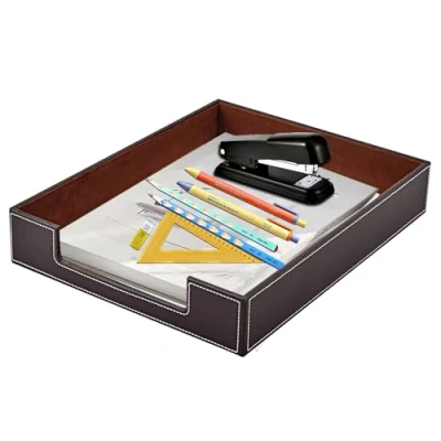 Image of XNONE Leather Letter Tray,Office Supplies Desk Organizer,Stackable File Tray Organizer for Mail Paper Files Magazines Jewelry Cosmetics,Luxury Holder&amp;Multifunction Desktop Storage Box (Brown)