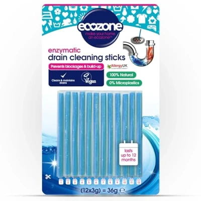 Image of Ecozone Citrus Drain Cleaning Sticks, Enzymatic Pipe Unblocker, Prevents Plug Hole Obstructions &amp; Keeps Water Flowing Freely, Natural Vegan Non Toxic Kitchen Bathroom Treatment Kit (x 12)