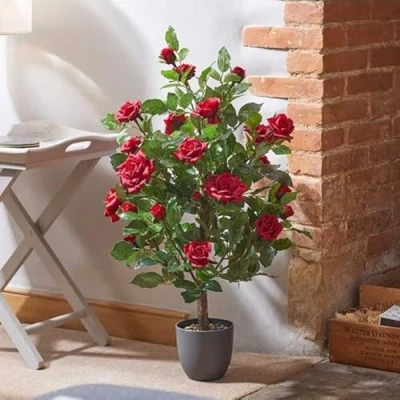 Image of Garden Mile Artificial Plants Indoor And Outdoor Large Plant Rose Tree, Faux Fake Home Décor Office Decorative In Grey Pot (80cm Ruby Red)