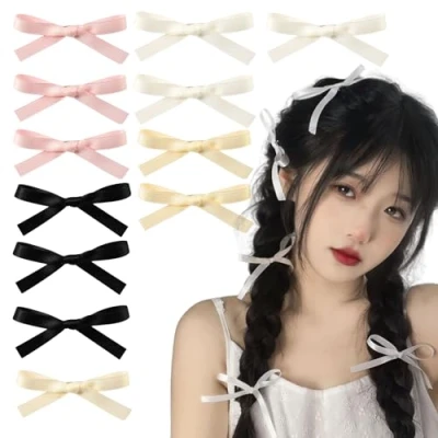 Image of 12 Pcs Bow Hair Clips,Hair Slides for Women,Hair Bows Girls,Black Toddlers Barrettes Teens Kids Ribbon Alligator Clips Girls Clip Hairpins(Black,Pink,White,Yellow)
