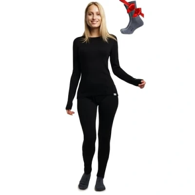 Image of Merino.tech Merino Wool Base Layer Womens Set Thermal Underwear Top and Bottom Lightweight, Midweight, Heavyweight (Small, 250 Black)
