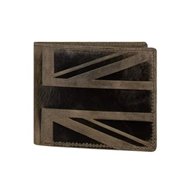Image of Hudson &amp; James Designer London Real Distressed Leather Mens Wallet with Zip Coin Pocket Credit Carder Holder Bifold Purse UK Union Jack (Dark Brown)