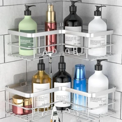 Image of Yazoni Corner Shower Caddy 2 Pack, No Drilling Organizer Shelf for Bathroom Tub, Stainless Steel Kitchen(Silver)