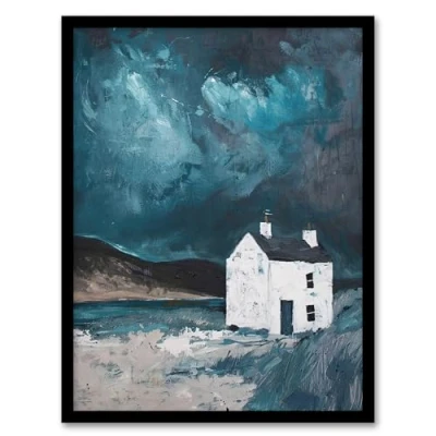Image of Artery8 Scottish Coastal Cottage Night Oil Painting Hills Living Room Artwork Framed Wall Art Print 18X24 Inch