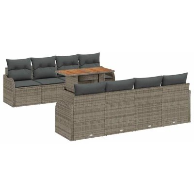 Image of vidaXL 9 Piece Garden Sofa Set with Cushions Grey Poly Rattan Acacia