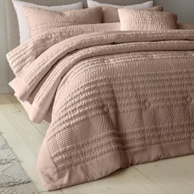 Image of Catherine Lansfield Lennon Stripe Seersucker Quilted 220x220cm Bedspread Clay