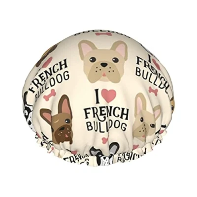 Image of French Bulldog Print Shower Cap For Women Reusable Double Layer Fabric Caps Girls Hair