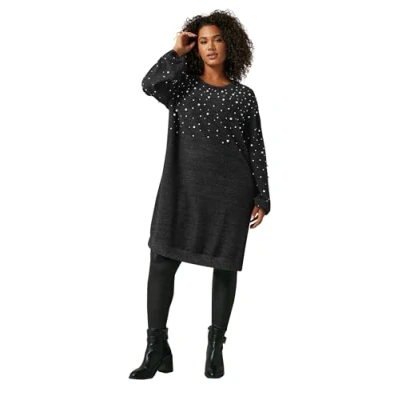 Image of EVANS Curve Charcoal Pearl Embellished Soft Touch Jumper Dress Women&#039;s Plus Size