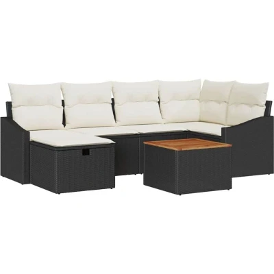 Image of vidaXL 7 Piece Garden Sofa Set with Cushions Black Poly Rattan