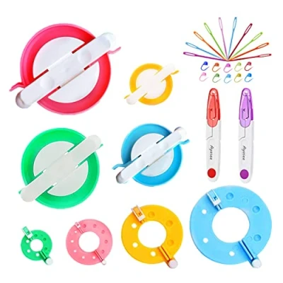 Image of Pompom Maker Kits, pom Knitting Loom Kit Fluff Ball Weaver Needle Craft DIY Crochet Tool Kit, 8PS Maker+10PS Markers+10PS Needles+2PS Scissors (30)