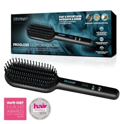 Image of REVAMP Progloss Deepform Hair Straightener Brush, Ceramic Heated Brush Styler with Smoothing Salon Professional Shine Oils Hot Styling Brushes Powerful Ion Jet for Fast Straightening