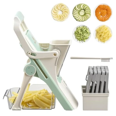 Image of Once for All&#039;s Safest Mandoline Vegetable Slicer: 4 Cutting Modes &amp; 40 Thicknesses to Slice, Dice, Chop, Julienne, Chip Veggies, Injury Free Design, with Container, Brush 5 Recipe Ebooks