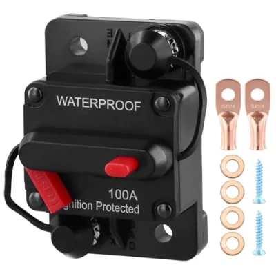 Image of QWORK® 100A Car Circuit Breaker, Auto Audio Inline Fuse Holder 12V 48V DC, Manual Reset Button, for Marine Boat Solar Inverter System Protection