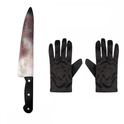 Image of Adult Unisex Official Scream/Ghost Face Bloody Butcher Knife + Black Gloves ; Halloween Horror Movie Fancy Dress Accessory Set