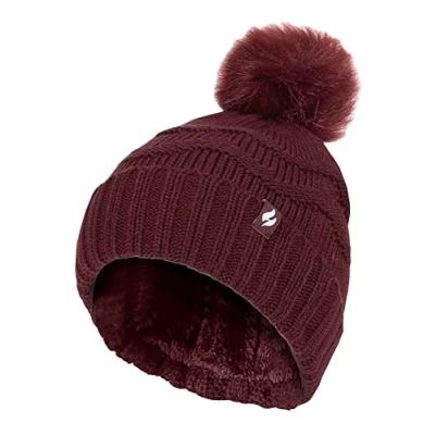 Image of HEAT HOLDERS Ladies Winter Fur Beanie Hat Zigzag Patterned Pom Womens Thermal Cuff Bobble (One Size, Wine)
