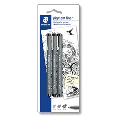 Image of Staedtler 308S 9BK3D Fineliner Pigment Black Pack of 3 on a Blister Card