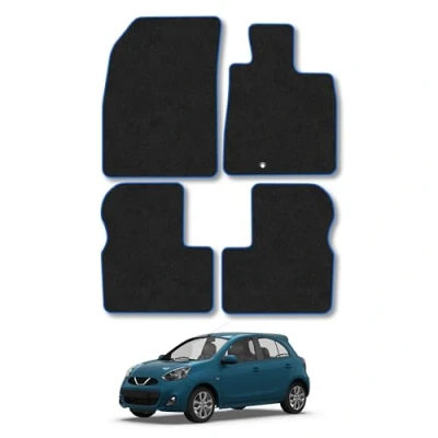 Image of Car Mats Compatible with Nissan Micra (2010 2017) Tailored Fit Blue Trimmed Carpet Floor Mat Set Accessory Black Custom Fitted 4 Pieces Clips Anti Slip Backing &amp; Trim Edging