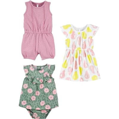 Image of Simple Joys by Carter&#039;s Baby Girls&#039; 3 Pack Romper, Sunsuit and Dress, Dots/Flowers/Pears, 0 Months (Pack of 3)