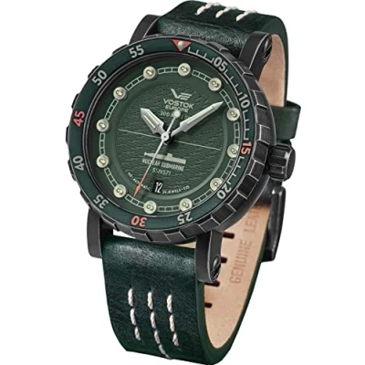 Image of Vostok Europe Men&#039;s Nuclear Submarine Automatic Watch NH35A 30 ATM Date Set with Leather Strap, Silicone Strap and Dry Box, 571f608 Gunmetal/Dark Green, Strap.