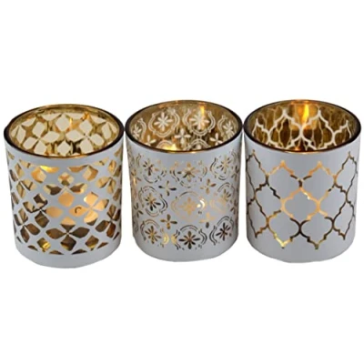 Image of BWG Ornate Glass Votive Tea Light Candle Holders White Filigree Design (Set Of 3)