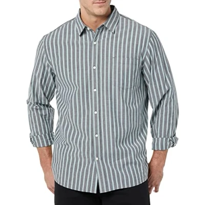 Image of Amazon Essentials Men&#039;s Long Sleeved Regular Fit Stretch Poplin Shirt, Navy Stripes, XS